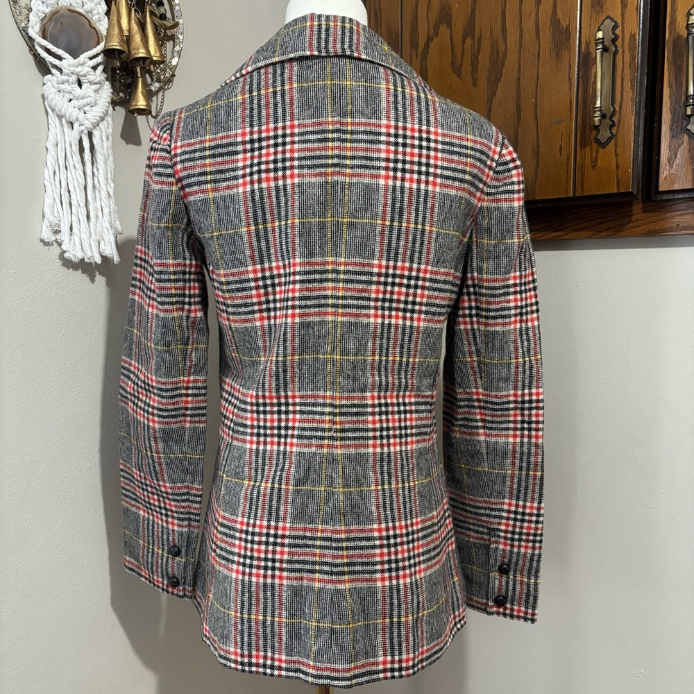 70s Vintage Wool Blazer Suit Jacket Size XS Handmade Checkered Plaid Red Black - Picture 4 of 11
